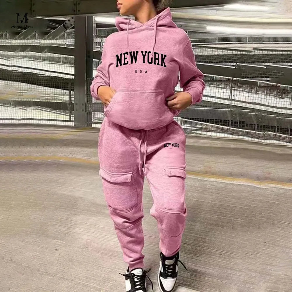 Activewear Women Sport 2 Piece Tracksuit Hoodies and Sweatpants Letter Print Winter Fashion Two Piece Matching Sets